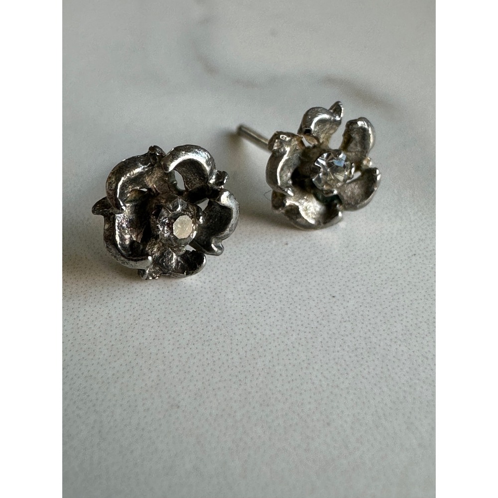 Vintage Sterling Silver Floral CZ Stud Earrings Antiqued Flower Post